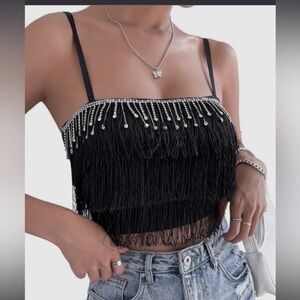 NWOT  GORGLITTER Women's Fringe Tassel Cami Crop Top Rhinestone spaghetti Straps